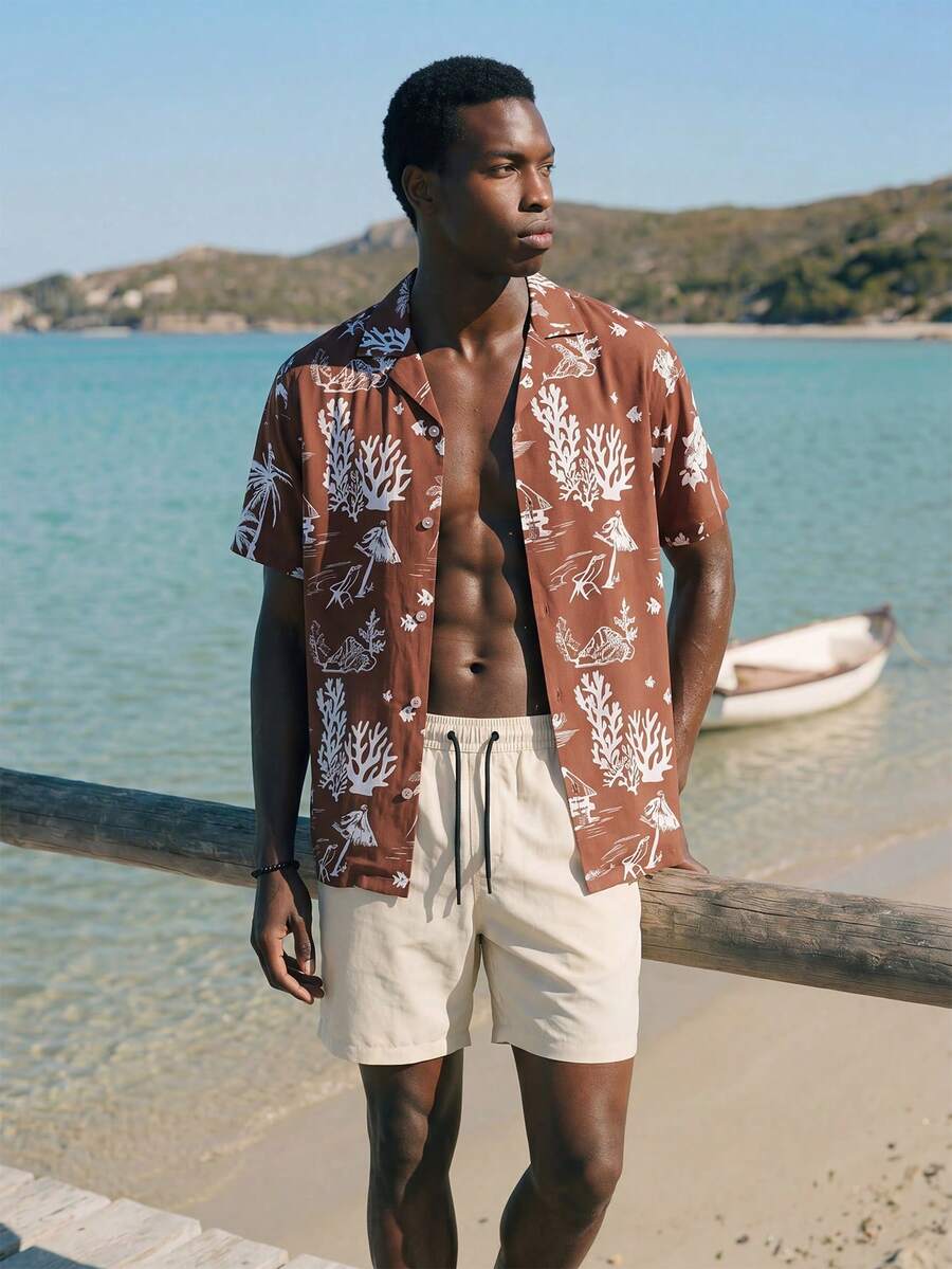 Palasendo Men's Coral Print Short Sleeve Shirt And Shorts Beach Outfit - Multicolor - View 1