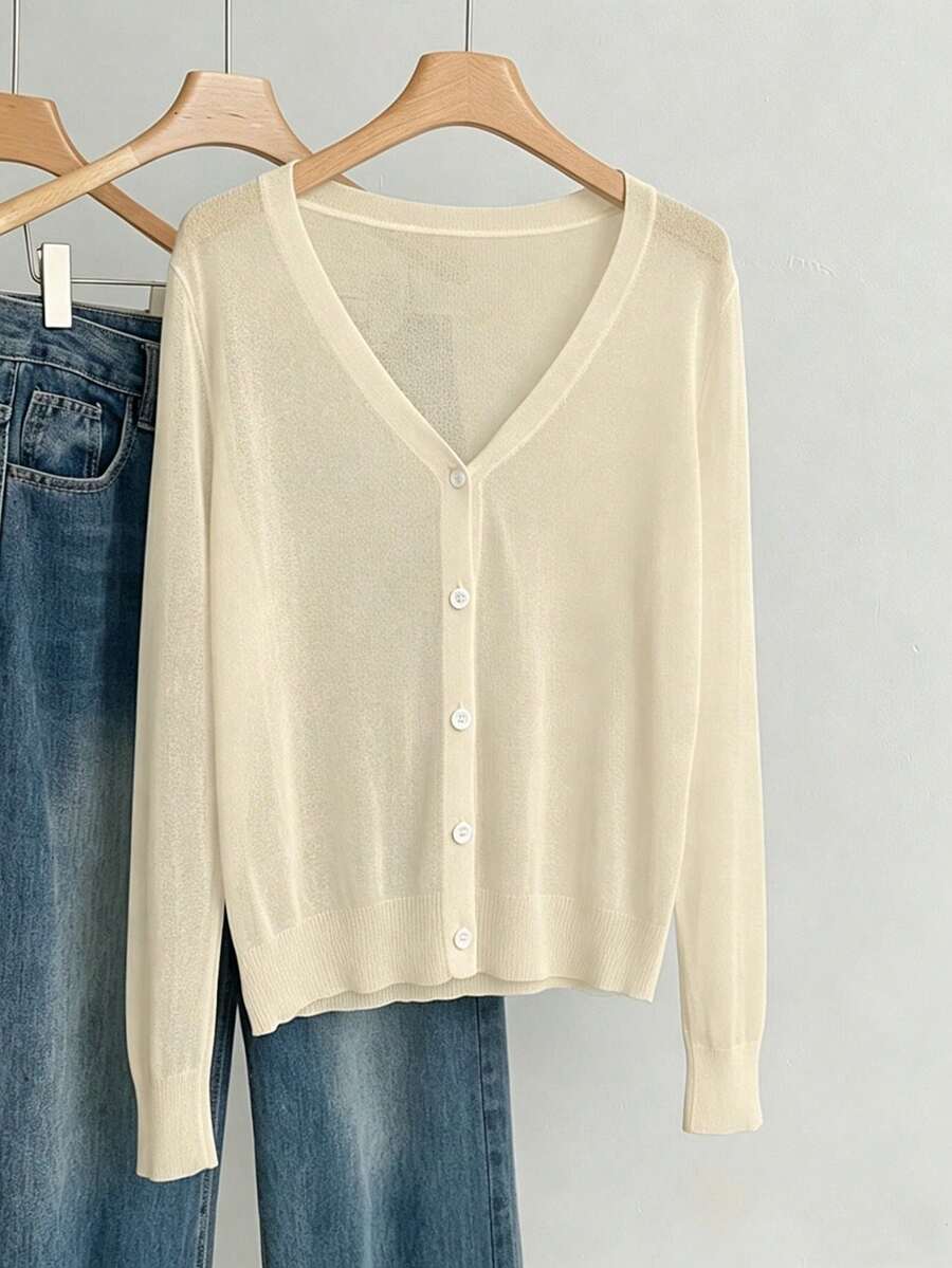 Calvaya Plus Size Casual Solid Color Cardigan Fall - Light Yellow - View 1