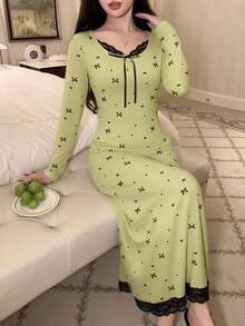 DAZY Bow Print Contrast Color Lace Patchwork Waist Maxi Nightgown For Women - Green - View 5