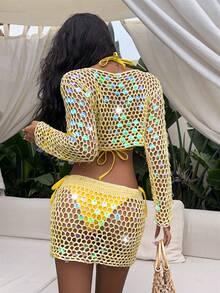 Selianne Women's Sheer Hollow Out Crochet Beaded Mesh Long Sleeve Y2K Knit Cover Up, Boho Yellow Sequin Knitwear Crop Top Suitable For Music Festival & Beach Vacation Party,Dating - Yellow - View 2