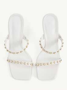 CUCCOO CHICEST Giày nữ cao gót mũi vuông, kiểu stiletto, đính sọc và ngọc trai. - trắng - Xem 2