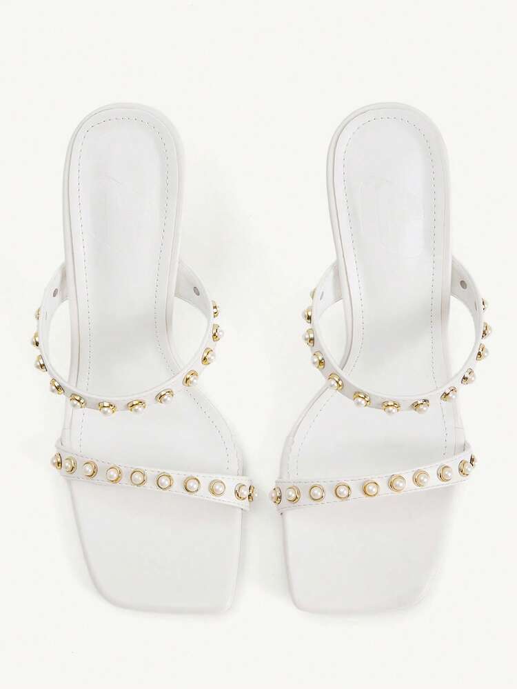 CUCCOO CHICEST Women Shoes Square Head Stiletto Stripe Pearl Heel Sandals