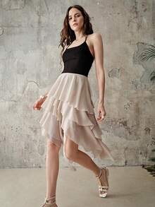 Frievida European And American Style Spring/Summer New Fashionable Versatile Multi-Layer Splicing Solid Color Chiffon Elastic Waist Midi Skirt - Beige - View 3