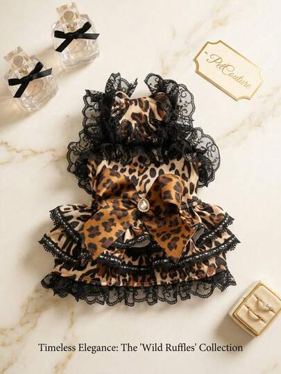 PETSIN 1pc Pet Fashion Leopard Pattern Puff Skirt Lace Ruffle Princess Style Strap Skirt, Cat And Dog Universal Clothes