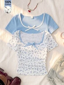 Bộ 2 áo thun cổ tròn họa tiết hoa nhí phối màu dành cho bé gái tuổi teen, áo mùa hè cho các bạn nữ. - Màu xanh lam - Xem 8