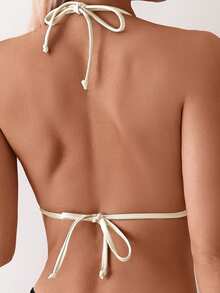 Swim Basics Women's Summer Contrast Color Trim Triangle Cup Halter & Contrast Color Trim Triangle Bottoms Swimwear Set - Beige - View 3