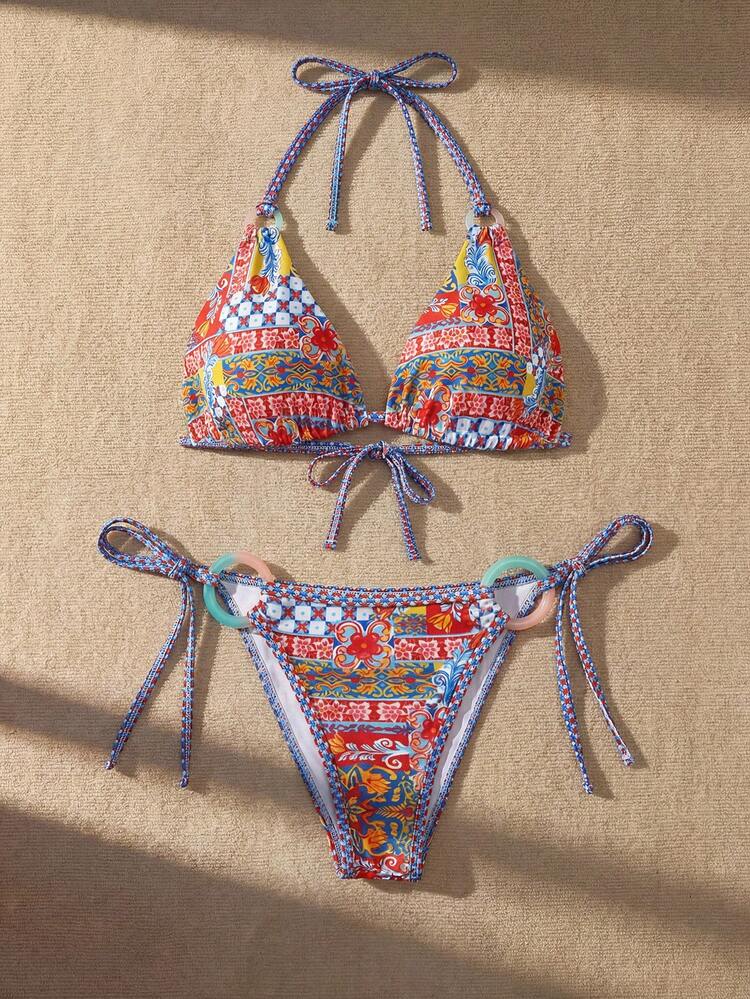 Women's All-Over Print Halter Twist Front Bikini Set