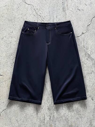 EVRINFINITE Men's Casual Navy Relaxed Fit  Capri Pants Men Long Short Men Wide Leg Pant,Suitable For Street Style Outfits