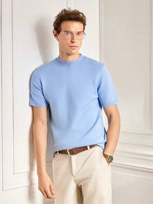 Officeau Men's Casual Solid Color Round Neck Short Sleeve Knit Top, Versatile For Summer - Dusty Blue - View 4