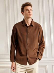 Officeau Men's Formal Solid Color Long Sleeve Single-Breasted Commuter Shirt - Brown - View 5