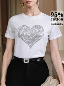 Anewsta Summer Casual Rhinestone Heart Graphic Round Neck Short Sleeve T-Shirt - White - View 7