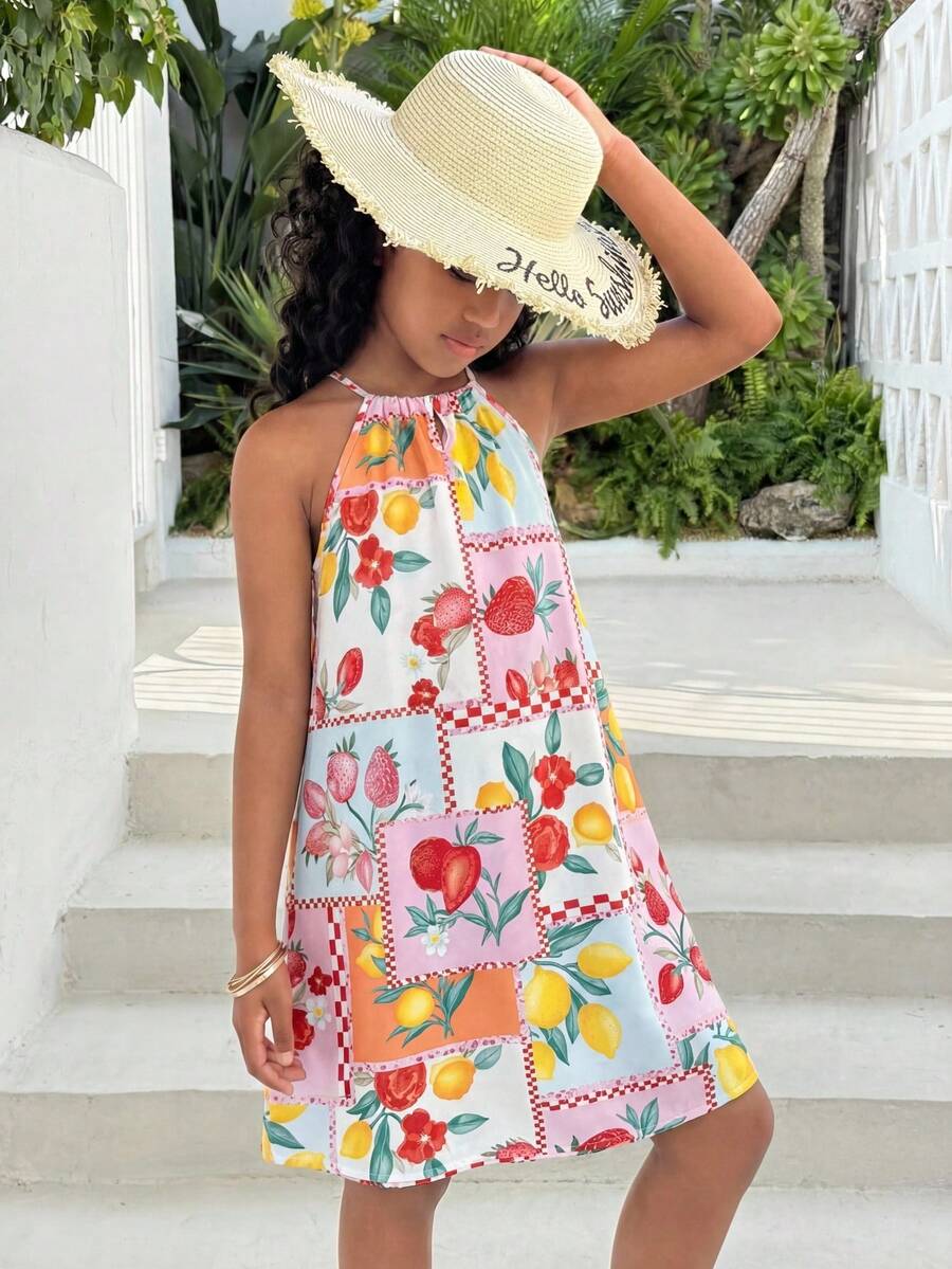 少女/青少年女孩海鲜印花露背无袖连衣裙，休闲度假沙滩露营连衣裙，百搭夏季服装 - 彩色 - 查看 1