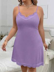 SHEIN Clasi Đầm hai dây ôm sát, màu trơn, phối ren, cỡ lớn - Màu tím hoa cà - Xem 3