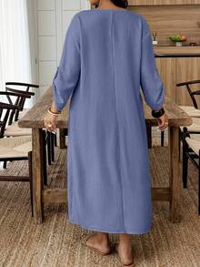 Breezaya Plus Size Casual Metal Decor Roll-Up Sleeve Dress For Holiday BASICS Fall - Navy Blue - View 2