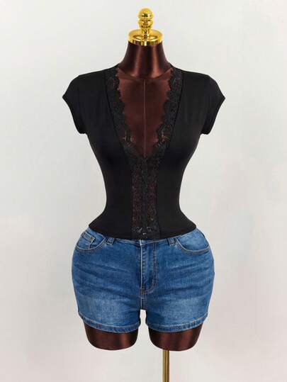Mistrie Damen Spitze Patchwork lässig Vielseitig Alltags T-Shirt