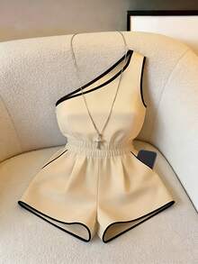 Franclia Contrast Color Patchwork Waist Pleated Fashionable Elegant Women's Sleeveless Jumpsuit - Apricot - View 5
