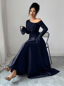 Modelyn Women's Autumn Brown Sexy Asymmetrical Shoulder Mesh Embroidered Long Sleeve High Waist A-Line Dress - Navy Blue - View 6