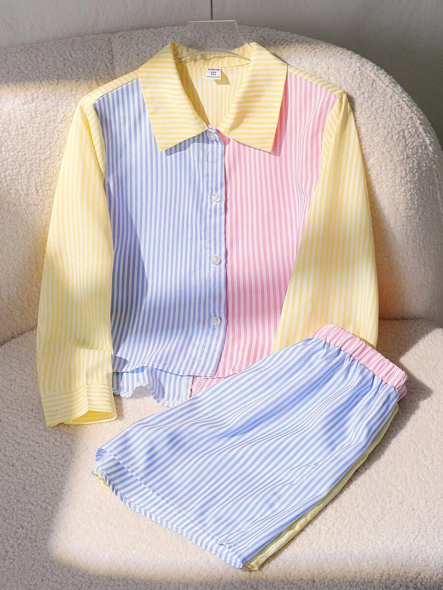 SHEIN 两件套少女休闲Polo领条纹拼接蝴蝶结装饰长袖衬衫和条纹拼接短裤套装,春秋季 - 黃色 - 查看 1