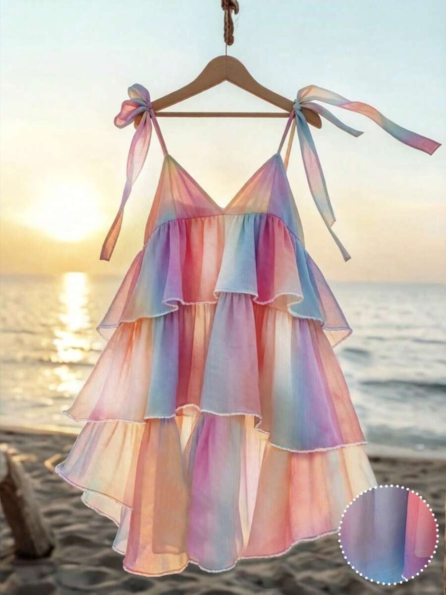 GlowEve Đầm ngắn nữ bằng vải chiffon nhuộm màu loang, xếp ly, có dây buộc, viền bèo nhún, thích hợp cho kỳ nghỉ xuân/hè. - Nhiều màu - Xem 1