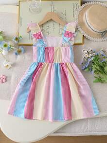 SHEIN Vintaside Kids Vestido Casual Solto de Estilo Francês Fresco e Doce para Meninas Jovens com Gola Quadrada, Mangas Bufantes, Decoração de Laço 3D e Estampa de Laço em Todo o Vestido, Azul e Branco Listrado, Verão - Rosa chiclete - Visão 2
