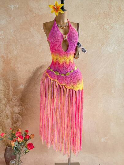 Soleia Sexy V-Neck Metal Decor Fish Scale Knit Gradient Fringe Mini Dress, Suitable For Date, Afternoon Tea, Beach, Cruise, City Vacation, Music Festival, Party, Boho, Hippie, Western Style, Can Be Worn Inside Or Outside, Suitable For All Seasons