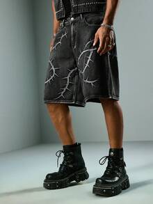 ROMWE MEN Street Life Men's Summer Casual Fashion Street Embroidered Washed Denim Shorts, Suitable For Daily Commute - Black - View 7