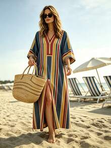 Omancia Robe femme élégante, mode, décontractée, confortable, charmante, rétro, minimaliste, Top de gamme, romantique, vacances, station balnéaire, décontractée, bord de mer, mi-longue, col V, ample, fendue, imprimé rayé coloré, texture - Multicolore - Voir 5