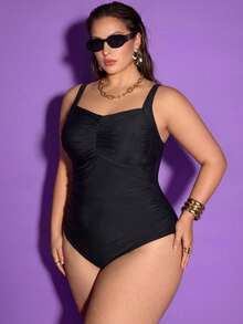 Shapewave Plus Size Women's Sexy Solid Black One-Piece Swimsuit, Suitable For Beach Holiday In Summer - Black - View 3