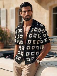 HIMLAND Men's Allover Print Button-Front Short Sleeve Knit Top, Summer - Black - View 1