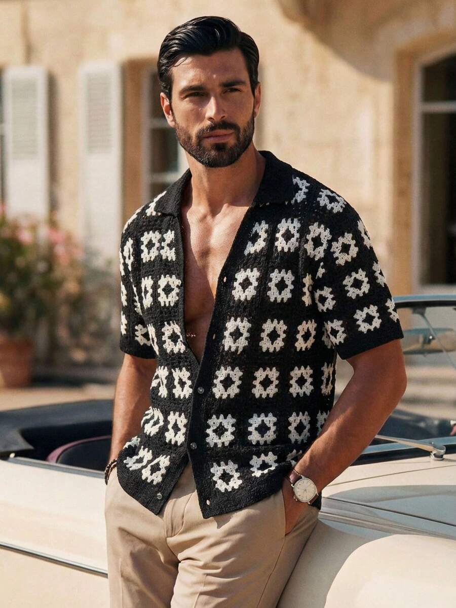 HIMLAND Men's Allover Print Button-Front Short Sleeve Knit Top, Summer - Black - View 1
