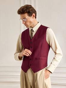 Officeau Men's Solid Color Single-Breasted Casual Commuter Business Vest - Burgundy - View 5