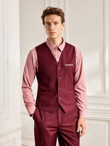 Officeau 3pcs/Set Men's Fashion Solid Color Slim Fit Stretch Business Suit, Containing Blazer Vest Pants, Work Formal Outfit - Burgundy - View 6
