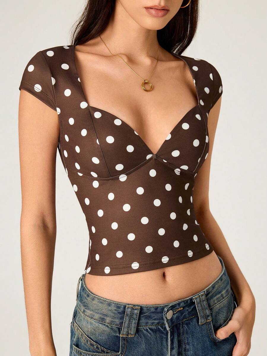 SHEIN BASICS Áo nữ chấm bi cổ tim tay ngắn - màu nâu - Xem 1