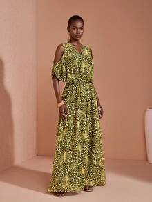JIAN LASALA Multi Print Chiffon Loose Maxi Dress V Neckline Cold Shoulder - Multicolor - View 5