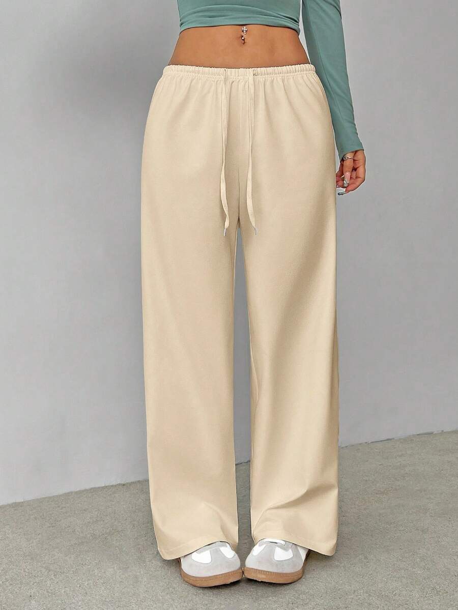 SHEIN PETITE Quần dài mặc nhà bằng vải dệt kim màu trắng mềm mại, kiểu dáng rộng rãi. - Vàng nhạt - Xem 1