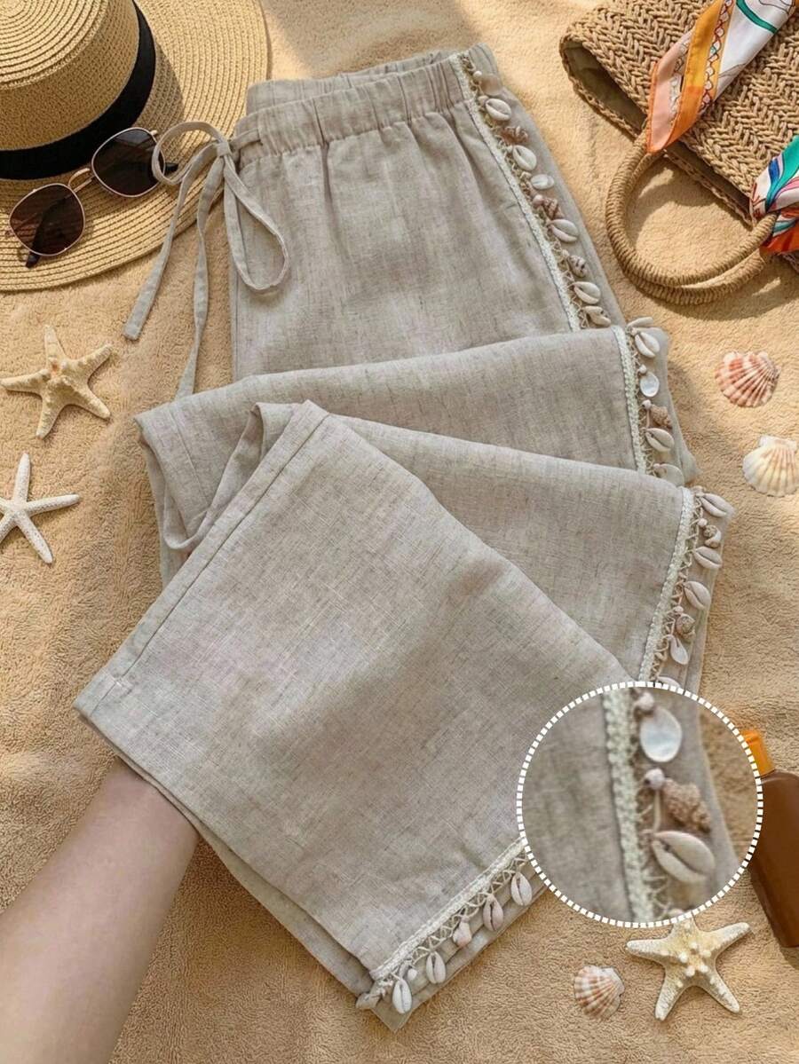 SHEIN EZwear Quần ống rộng nữ cạp chun, kiểu dáng thường ngày, đa năng, thích hợp mặc hàng ngày. - Màu be - Xem 1
