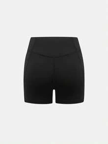 SHEIN 青少年女孩黑色运动短裤 – 侧边口袋，高弹舒适面料，适合骑行、慢跑、瑜伽和各种训练活动 - 黑色 - 查看 4