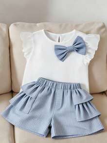 SHEIN Sparklyn 2pcs Girls' Spring/Summer 3D Denim Bow Flare Sleeve T-Shirt And Loose Ruffled Hem Denim Shorts Set - Blue - View 3