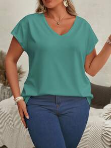 EMERY ROSE Mint Green V-Neck Short Sleeve Plus Size T-Shirt, Batwing Sleeve Design - Multicolor - View 5