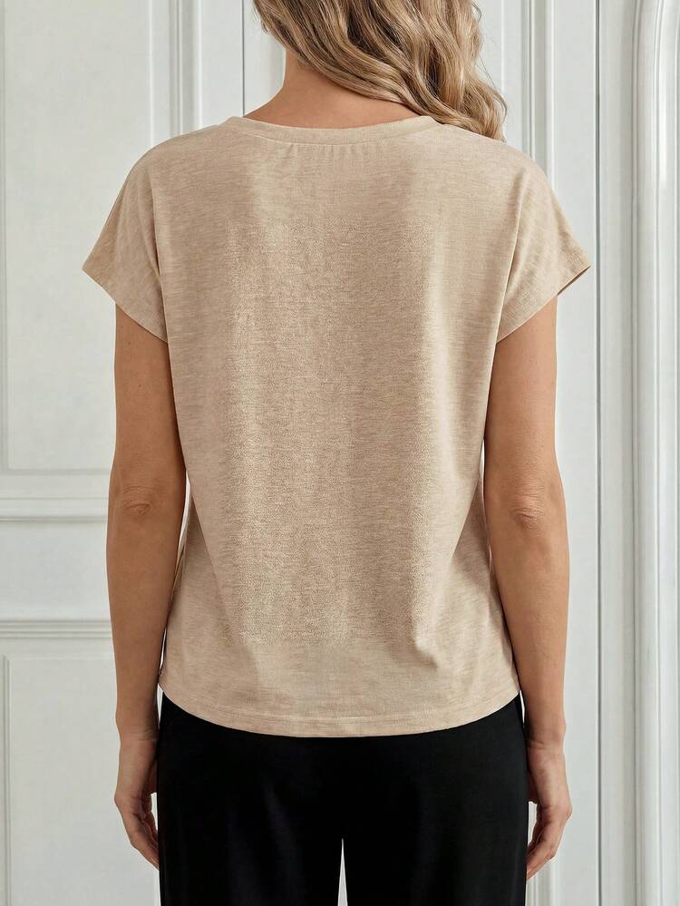 Women's Casual T-Shirt With Cashew Pattern Bow Collar And Dolman Sleeves,Summer Top,Festival Outfits For Women,Going Out Tops,Khaki Top