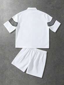 ROMWE MEN Street Life Men's Summer Casual Fashion Street Daily Commute Contrast Stripe Zip-Up Short Sleeve Shirt And Drawstring Waist Shorts Set - White - View 3