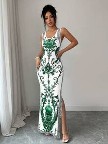SHEIN Elenzya Áo choàng kiểu Trung Đông UAE sang trọng, xẻ tà, in họa tiết Chinoiserie tinh tế, ôm sát, nhiều màu sắc, không tay, dáng suông, thắt eo, xẻ tà. - Nhiều màu - Xem 6