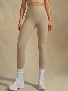 SHEIN Glamour Quần legging nữ cạp cao dáng suông, thích hợp mặc thường ngày. - Màu Khaki - Xem 7