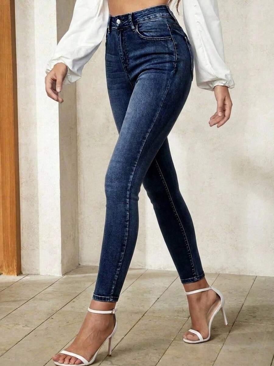 SHEIN Unity Plus Size Women Pockets Button Casual Versatile Daily Wear Denim Jeans Brown Spring - Dark Wash - View 1