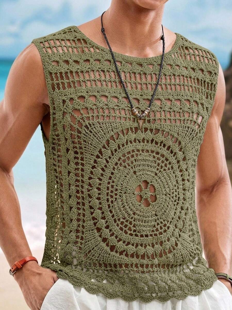 Manfinity VCAY 男士度假鏤空設計針織上衣,鉤編上衣男款,鉤編背心,針織背心男款,無袖針織襯衫,鏤空上衣,透視背心,馬克拉梅襯衫,波希米亞男裝,節慶穿搭男款,沙灘裝背心,夏季度假服飾,橄欖綠鉤編背心,復古曼陀羅圖案針織背心,幾何花卉鏤空無袖上衣,波希米亞性感沙灘度假襯衫男款,Coachella風格節慶針織衫,嬉皮休閒夏季背心,圓領透氣網眼上衣,波浪邊針織背心,父親節禮物 - 綠色 - 查看 1