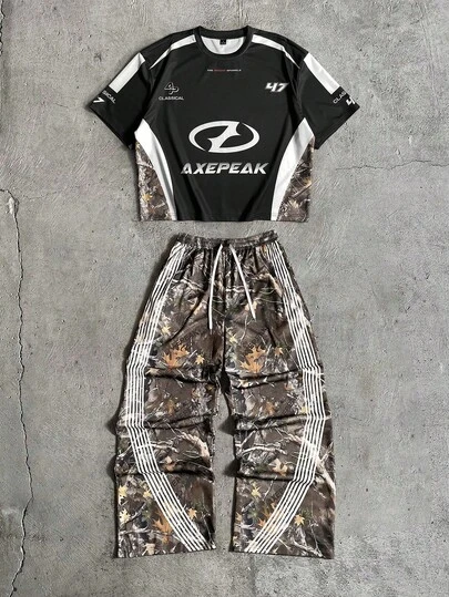  Men's AXEPEAK Casual Fashionable Streetwear Leopard Print Patchwork T-Shirt And Pants Set