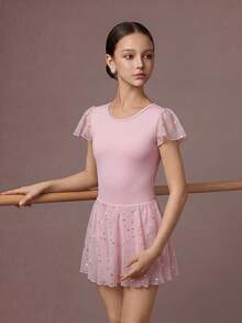 SHEIN Tween Girls' Sleeveless Ballet Jumpsuit, Soft Mesh Splice Bowknot Design, Shiny Star Mesh Splice, Comfortable Stretch, Dance, Yoga, Fall Winter, Gym - Pink - View 2