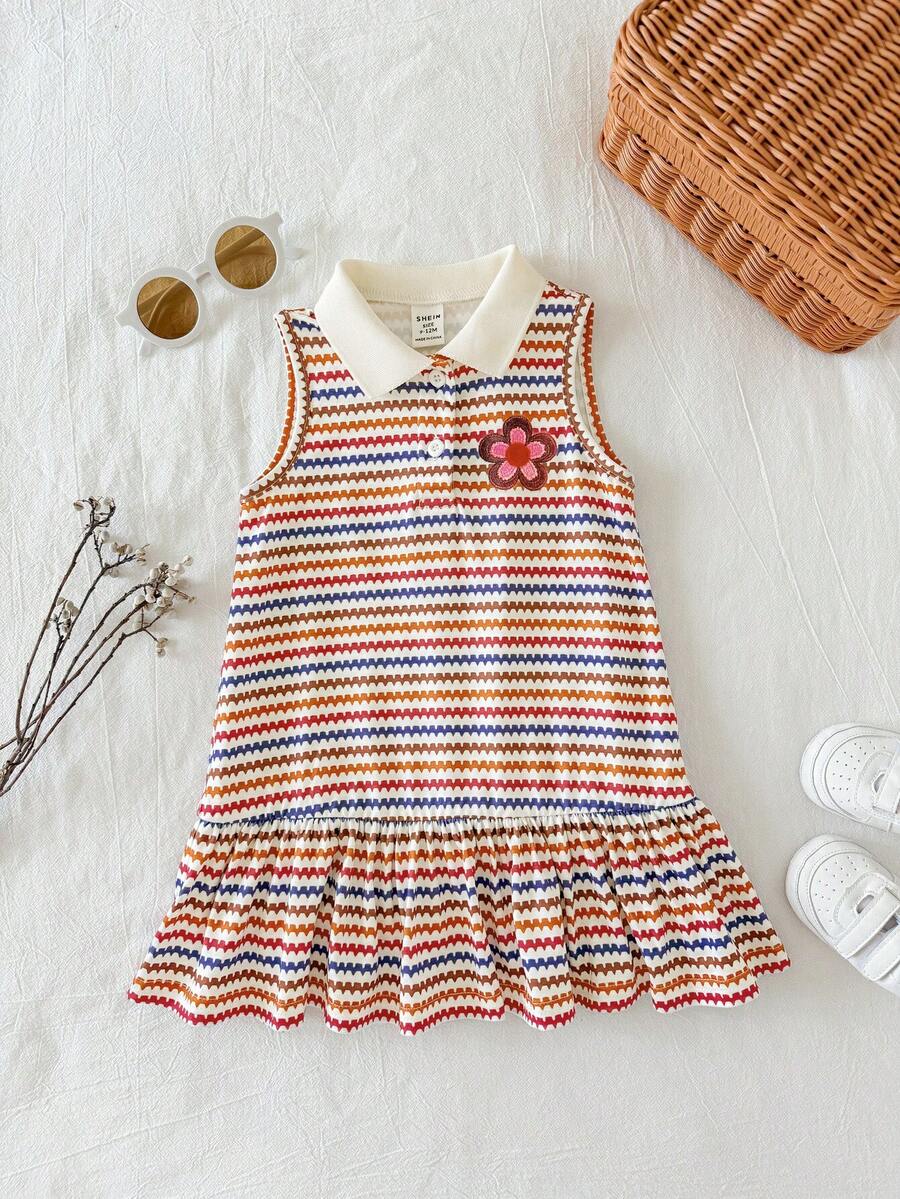 Đầm dệt kim cổ polo kẻ sọc dễ thương mùa hè cho bé gái, đầm cho bé sơ sinh/trẻ nhỏ - Nhiều màu - Xem 1
