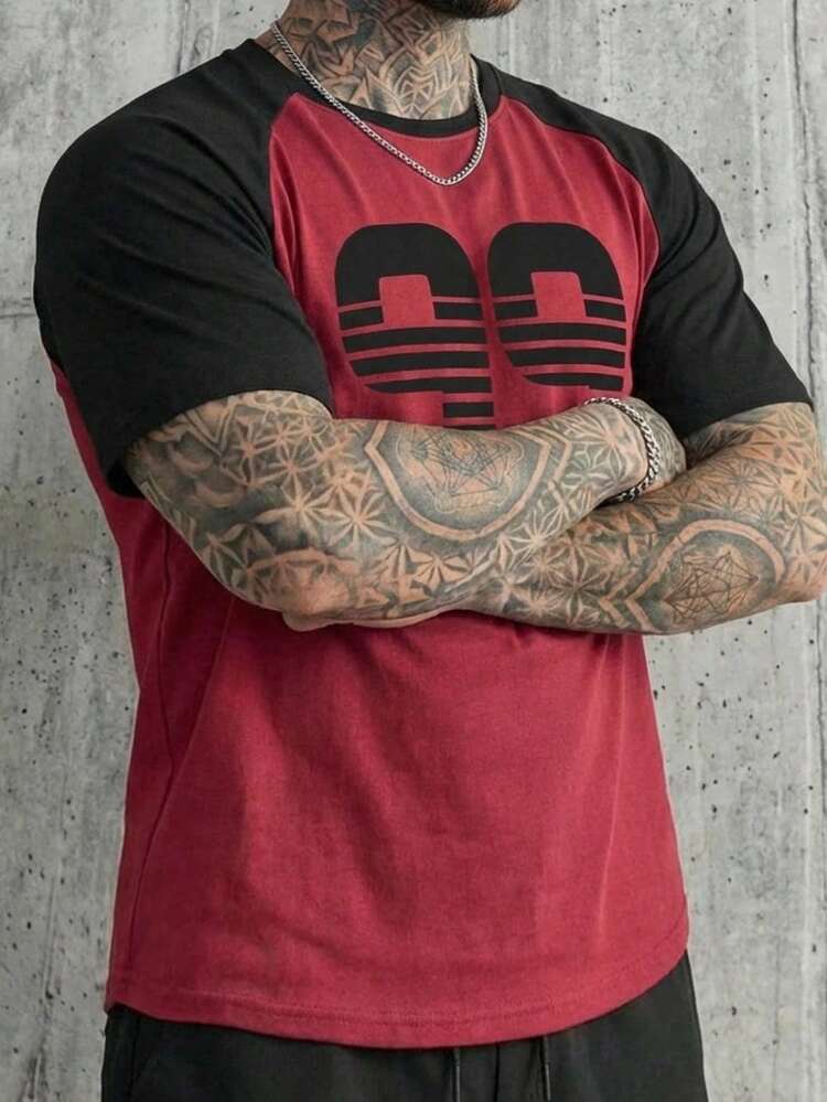 Plus Size Men's Casual Sports & Daily Wear Numeric & Striped Print Contrast Color Raglan Short Sleeve T-Shirt, Summer
