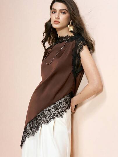  Blusa de mujer Arave de color marrón, de tela piqué, con parche de encaje de unicolor elegante y bajo asimétrico, elegante para citas, atuendos de verano para mujeres, blusas de verano